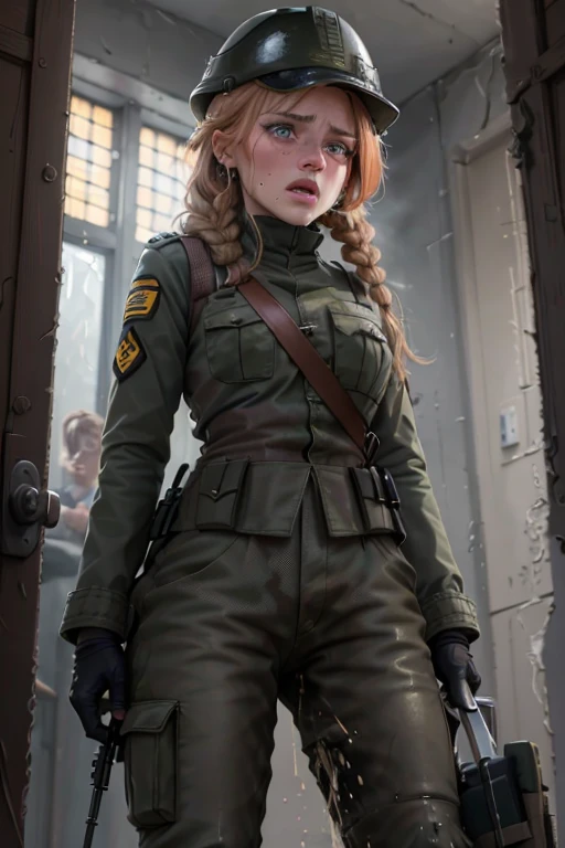 8k high resolution, best quality, dutch soldier girl, 22 years old,  curly strawberry blonde hair as a braid, decent makeup, dutch infantry uniform and Gear, dutch infantry field uniform and helmet, cowardly female recruit, standing at the battlefield, scared, shocked, eyes wide open, crying in fear, tears running down her cheeks, smeared makeup, explosion in the backround, terrified, peeing her uniform pants, pee pants accident, visible wet pants, peeing herself, cowardly, totally scared, horrified, visibly wet tight uniform pants, peestained pants, visibly wet fabric of her pants, unexperienced recruit, royal dutch army, low ranked soldier, standing in front of her amused comrades