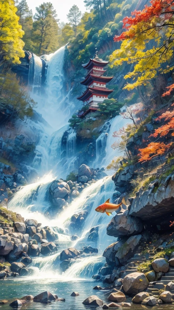 A carp climbing a waterfall symbolizing victory and success. Efforts will bear fruit.、A shrine where prayer plaques for success in school exams are dedicated to Sugawara no Michizane, the god of academics.