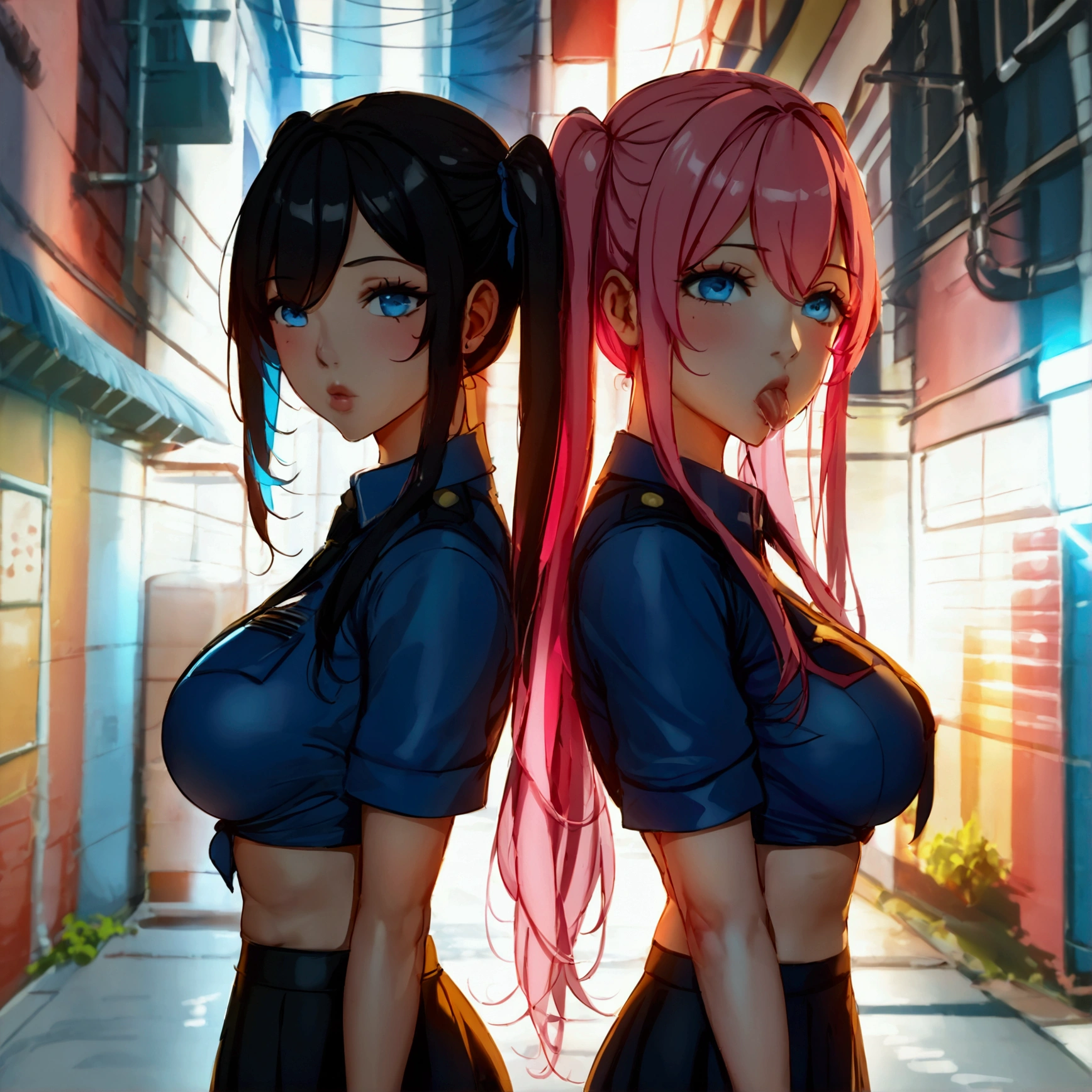 ((Highest quality))、(masterpiece)、(Realistic Shadows)、NSFW、Twin tails、Long Hair、(colored inner hair　black hair + pink inner hair)、Blue eyes、Black color police uniform、Blackｙshirt、Black short tight skirt、night、Alley、Blowjob