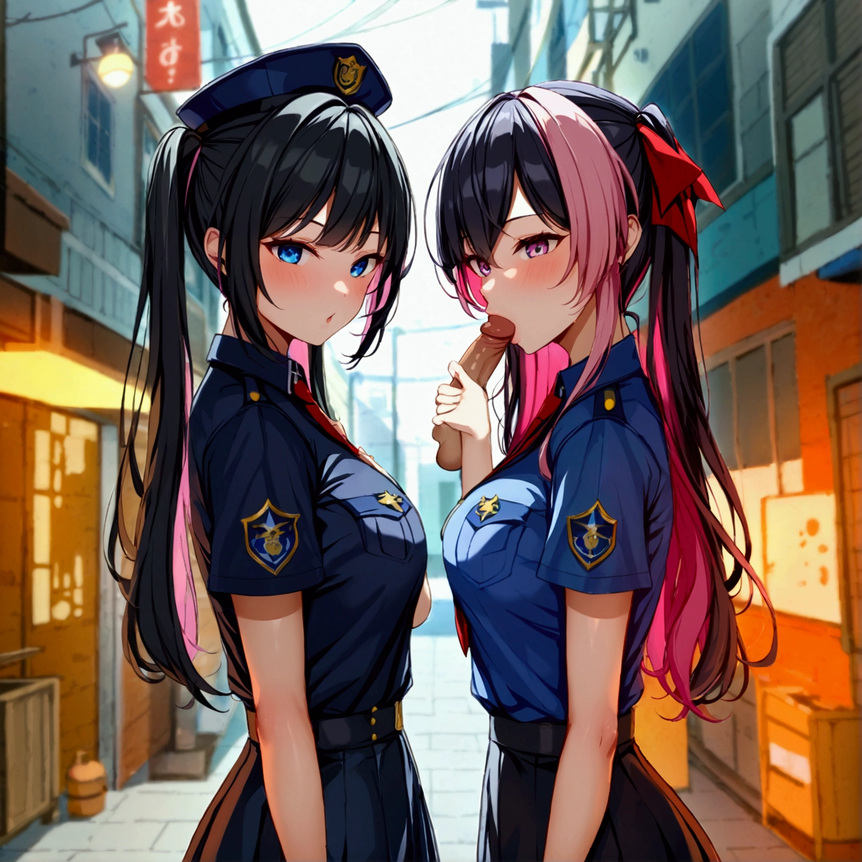 ((Highest quality))、(masterpiece)、(Realistic Shadows)、NSFW、Twin tails、Long Hair、(colored inner hair　black hair + pink inner hair)、Blue eyes、Black color police uniform、Blackｙshirt、Black short tight skirt、night、Alley、Blowjob