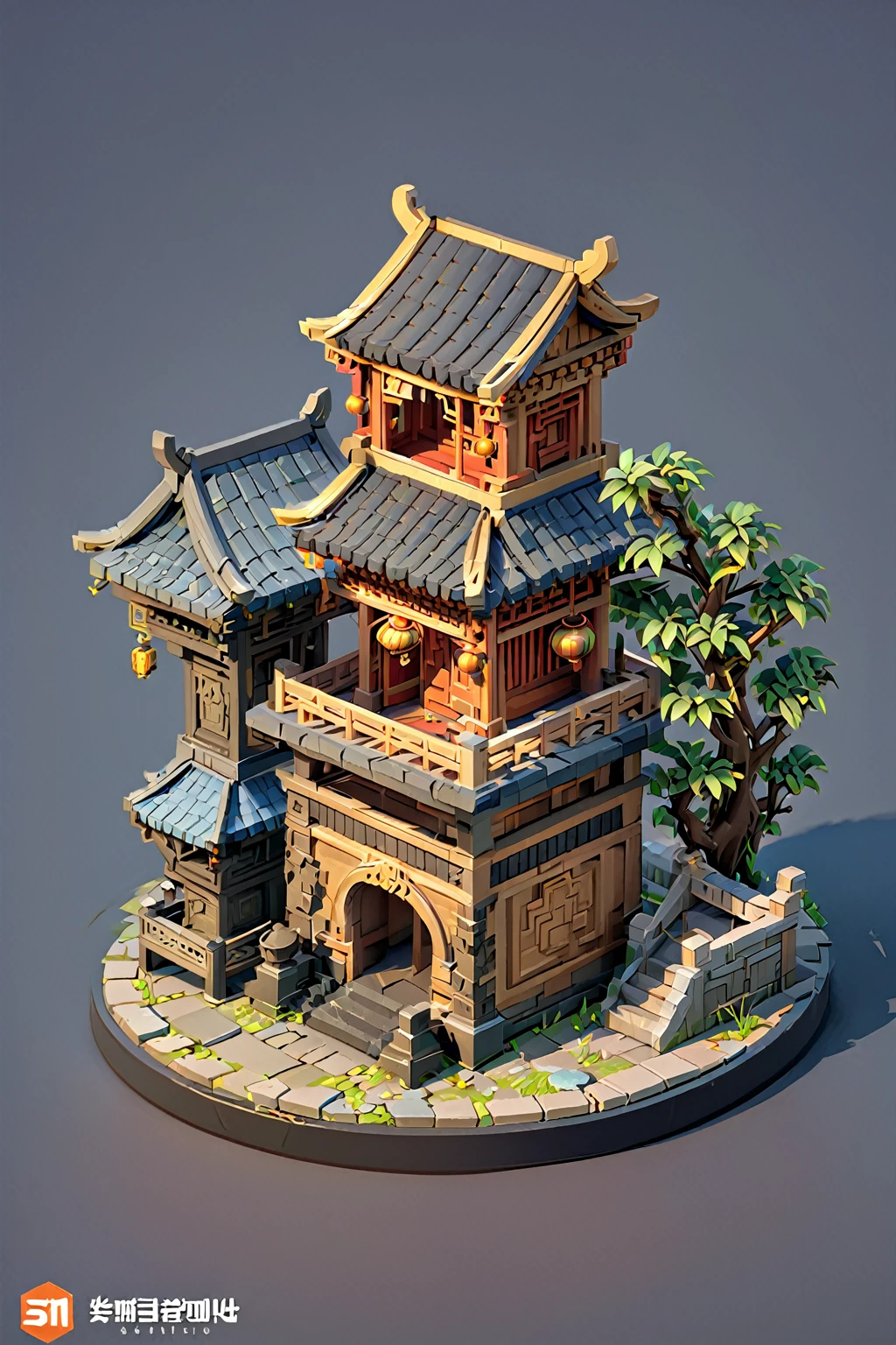 Isometric, game architectural design, black stone material, Chinese style, cartoon style, circular composition, a circle around the outside of the jar, animal head statue, toward the center arch, casual game style, 3d, close-up, masterpiece, super detail, best quality