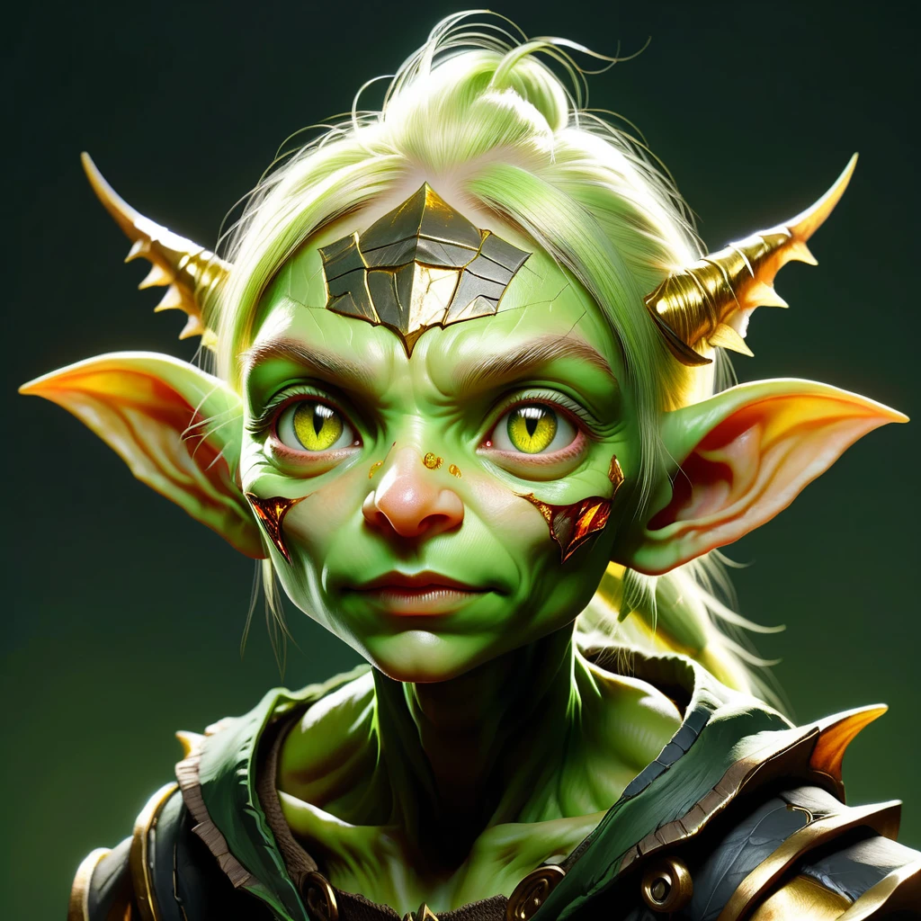 Physical Appearance: female goblin Age: 18 (in goblin years, equivalent to a human teenager) Height: 130 cm, average height for a goblin her age Build: Lean and wiry, with surprising strength for her size Skin: Light green with a slight golden undertone Hair: Short, spiky dark green hair Eyes: Bright, alert golden eyes Distinguishing features: A small scar above her left eyebrow