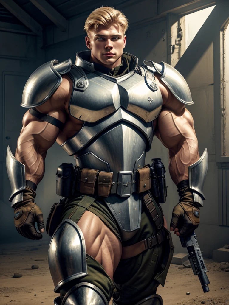 1 officer 22 years old handsome muscular blond, starship armor, solo, realistic, gloves, armor, shoulder patch, body armor, military, helmet, holding a weapon, hungry click