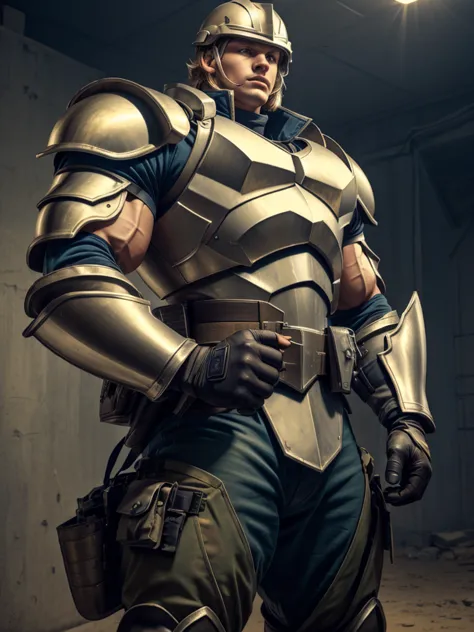 1 officer 22 years old handsome muscular blond, starship armor, solo, realistic, gloves, armor, shoulder patch, body armor, mili...