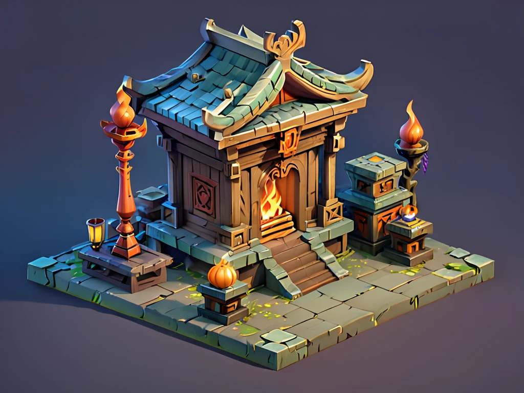 a close up of a statue with candles and a fire, game asset occult, mythical shrine, polycount contest winner, mythical cosmic shrine, 3 d render stylized, sacrificial altar, stylized 3d render, game asset, stylized as a 3d render, demonic shrine, painted as a game concept art, game render, stylized game art