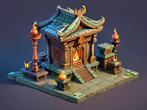 a close up of a statue with candles and a fire, game asset occult, mythical shrine, polycount contest winner, mythical cosmic sh...