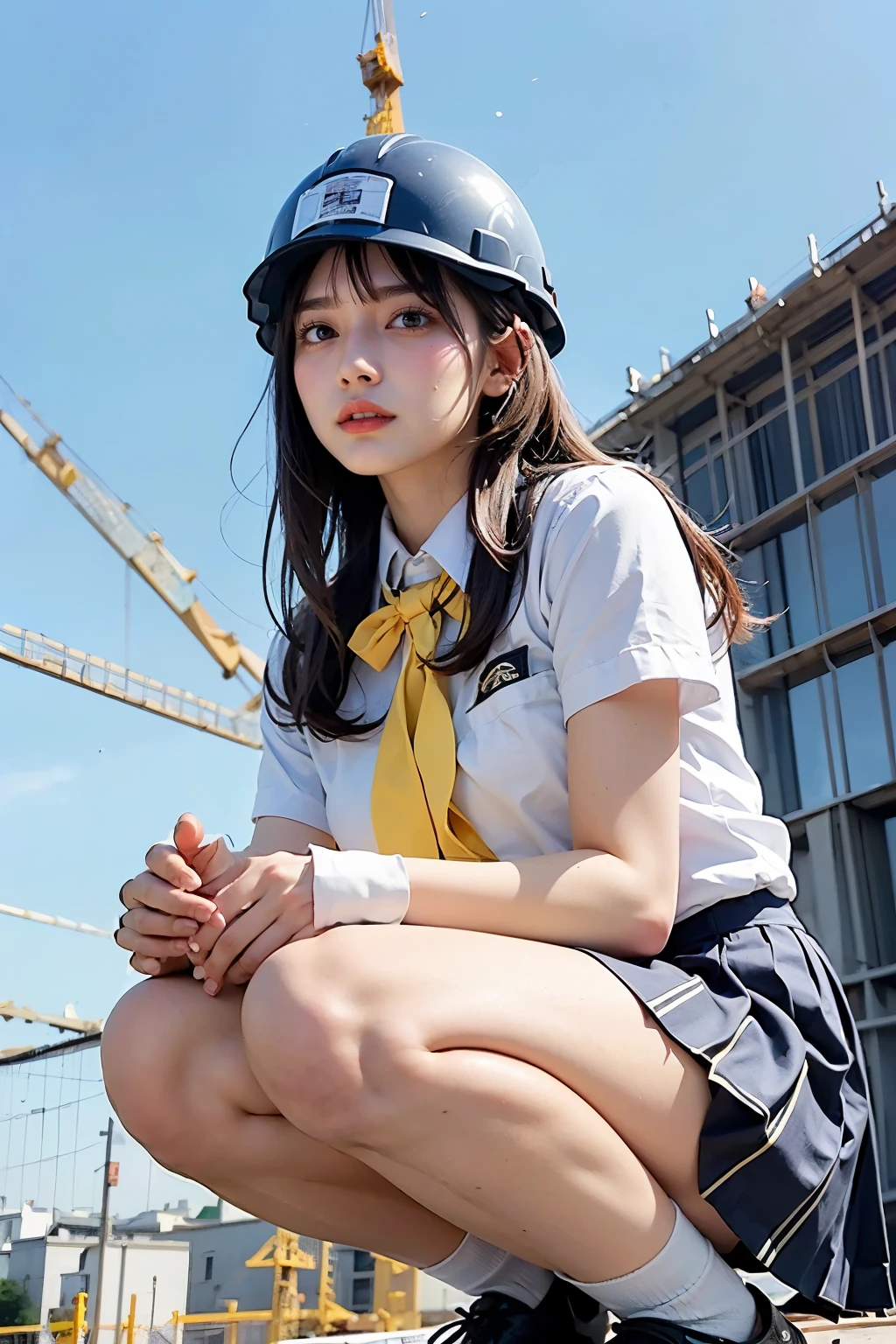 Masterpiece, bokeh, (Beautiful face), (Detailed face), (Japanese idle), (School uniform:1.3), (Pleated skirt:1.3), (Blushed face:1.3), (Plump breast:1.2), (Squatting in Steel bridge of construction site:1.5), (Yellow helmet:1.3), (From below:1.5), (Perfect hand:1.5)