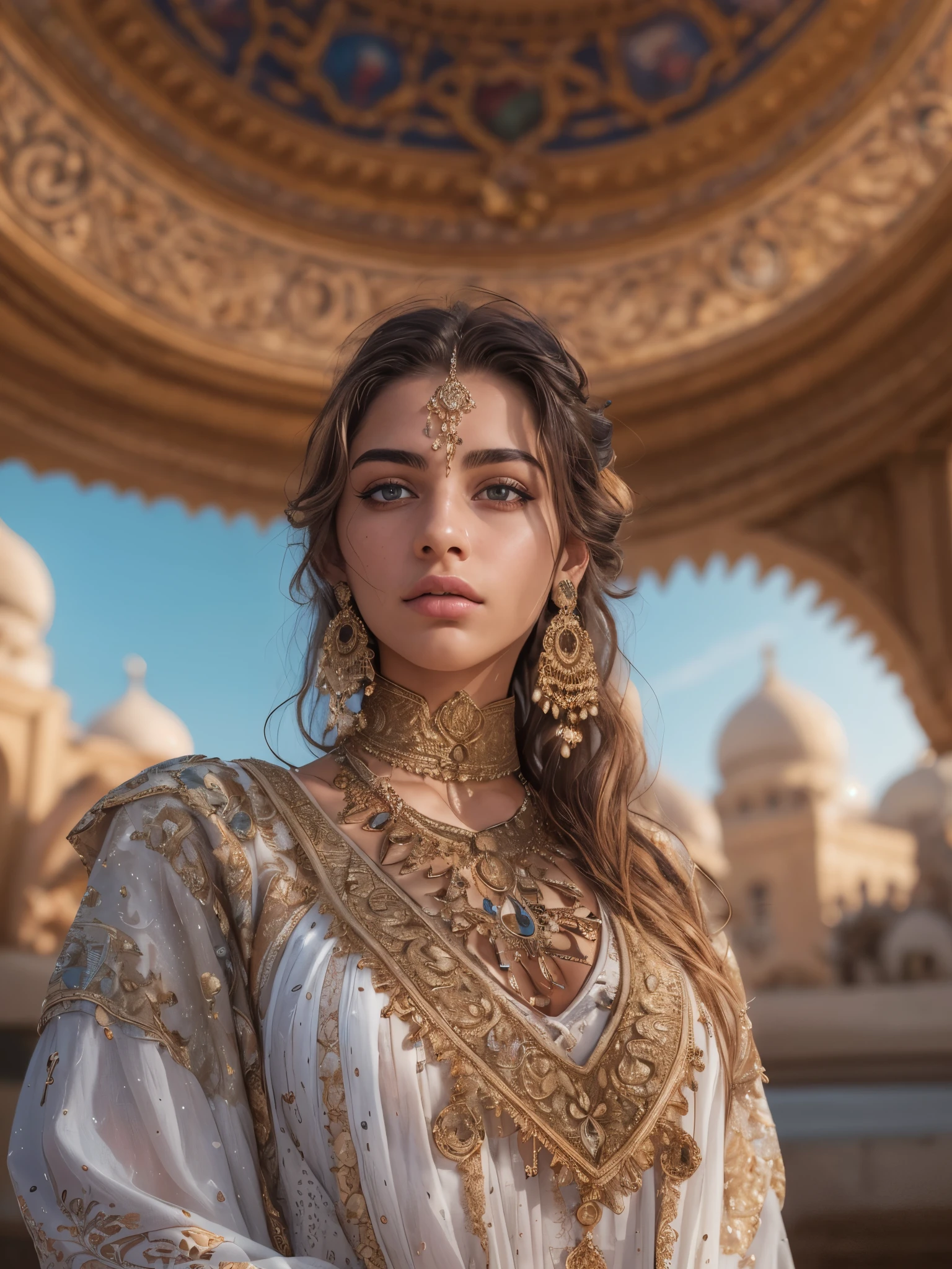 (4k, RAW photo, best quality, depth of field, ultra high res:1.1),(absurdres, intricate, photorealistic, masterpiece, ultra-detailed:1.1), 17 years old, arab girl is wearing traditional clothes with cleavage, big breasts size