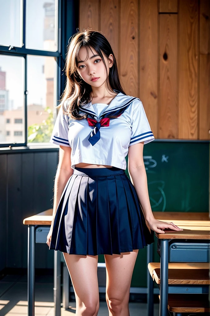 Raw photo , 1 girl  ,Wearing sailor uniform, (((ankle length skirt))), ((teen school girl lifting skirt in the classroom)) , professional photographer, (hdr:1.4), masterpiece, ultra-realistic 8k, perfect artwork, intrincate details, cute face, award winning photograph, (Best quality, 8k, 32k, Masterpiece, UHD:1.3) ,