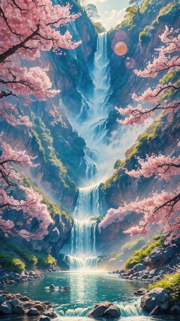 A dynamic depiction of a powerful carp climbing a waterfall。In the background, plum blossoms in full bloom and the morning sun shining、Demonstrate strong will and desire to pass the exam。