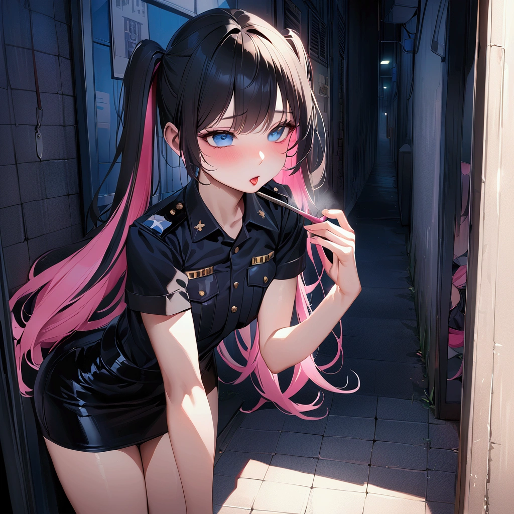 ((Highest quality))、(masterpiece)、(Realistic Shadows)、NSFW、girl１people、Twin tails、Long Hair、(colored inner hair　black hair + pink inner hair)、Blue eyes、Black color police uniform、Blackｙshirt、Black short tight skirt、night、Alley、Blowjob