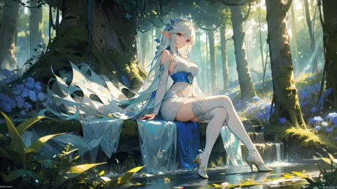 ((masterpiece， best quality))，elf，royal sister，forest，sea of trees，pure white background，detailed face，smile，whole body，perfect ...