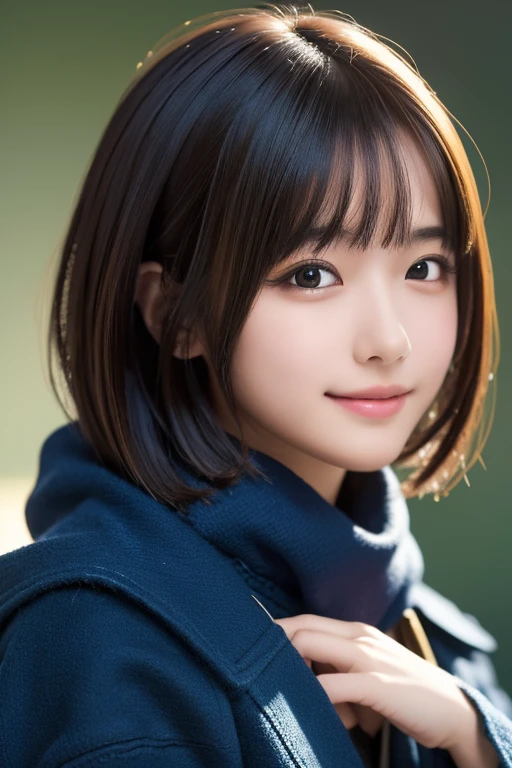 ((masterpiece, Highest quality, High resolution)), 1 Japanese girl, (Realistic: 1.4), Great face, 15 years old, Glossy lips、short hair, (Beautiful Hair:1.5),Dark blue duffel coat、Thick scarf、Close one eye、Wink at me、smile、School classroom, Angle from the front, Highly detailed CG composite 8K wallpaper, High resolutionのRAWカラー写真, Professional photography, Light, BackLight, dream-like, impressive, Written boundary depth, (Face close-up:1.5)