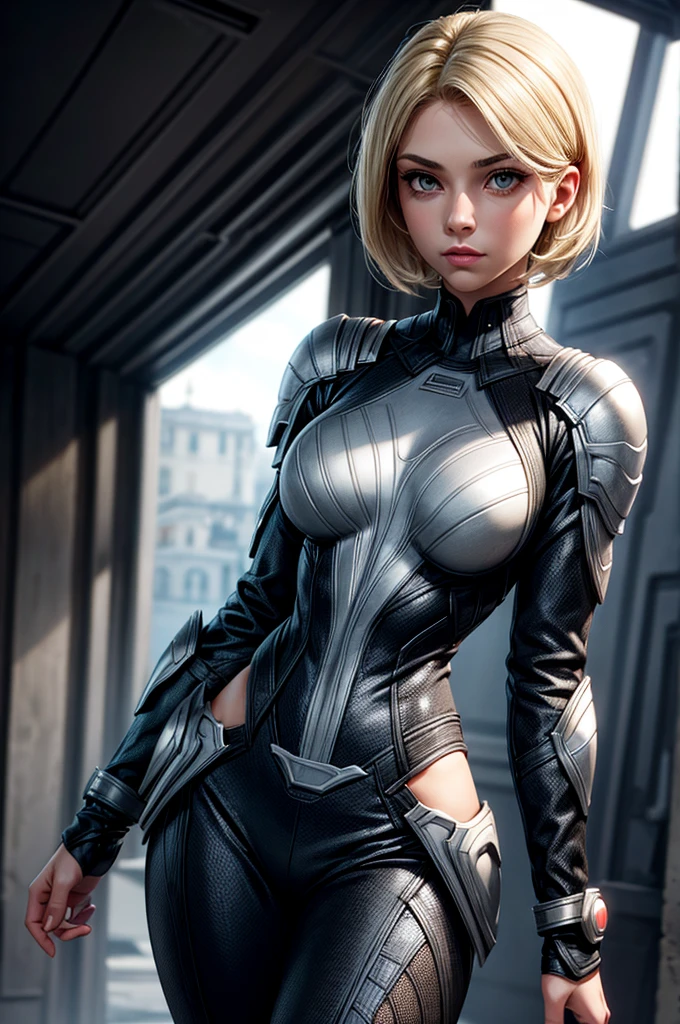 young woman,blonde, grey eyes, medium breasts, medium hips, Hero clothes, covered face,white and Black, high, European traits, short neck length hair, Marvel.