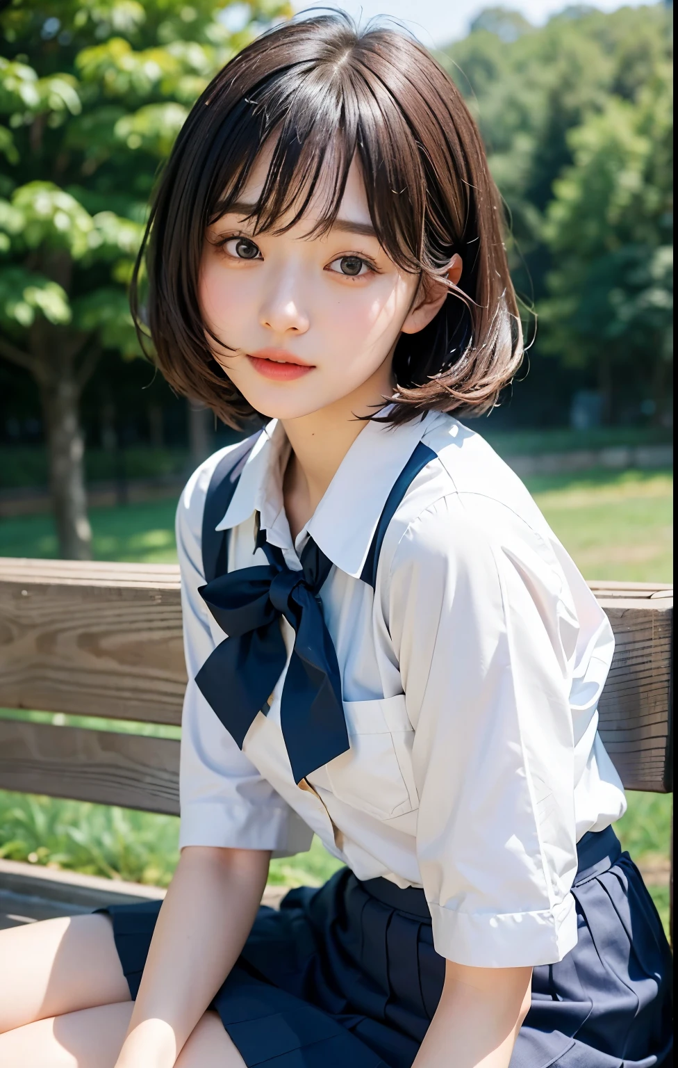 ((Highest quality))、((masterpiece))、RAW Photos、8k、Highest quality、 Ultra-high resolution、Beautiful face in every detail、Realistic human skin、Gentle expression、View from the front、color々From an angle、[[[Bob Hair]]]、Realistic、Photorealistic、cute、Short skirt、(cutehigh school girl)、school uniform, cutehigh school girl, high school girl、japanese high school girl、The cutest girl in school、((Small face))、Beauty、watch、blue sky、garden、bench、A bow tie、JK Ribbon、(hairstyle:1.3)、((Blushing))、Girlfriend