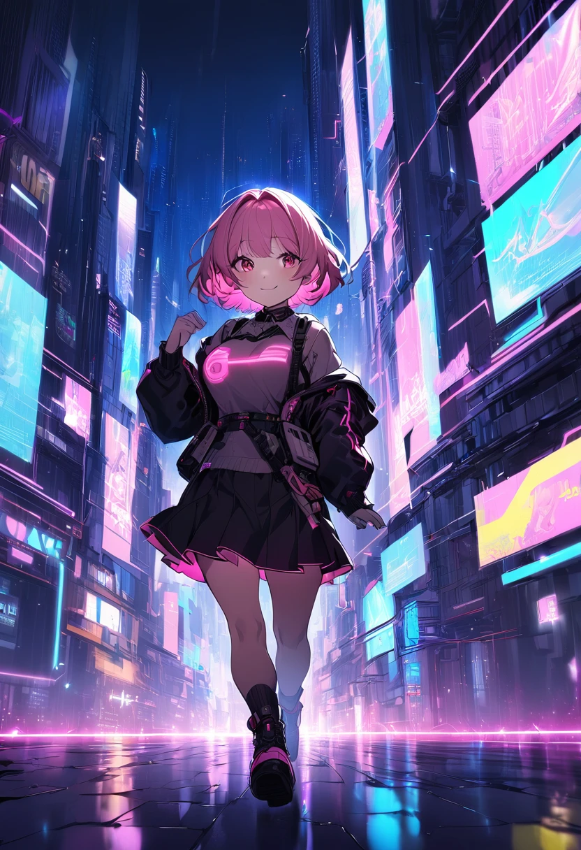 matrix, noc-wfhlgr maid,1girl,,large breasts,short hair,smile, pink hair,walking,cyberpunk neon epic city,delicate lines,Digital Artwork,