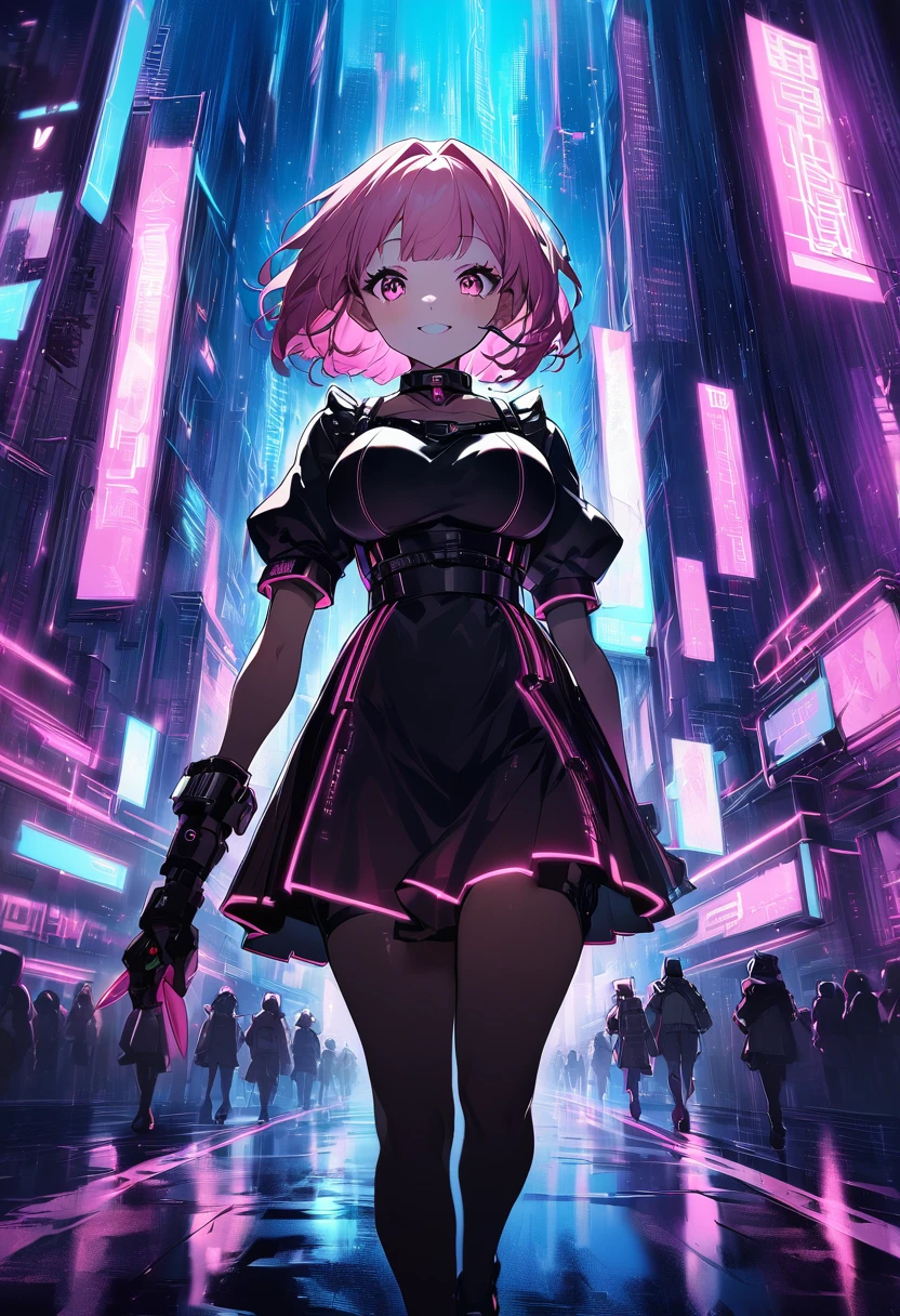 matrix, noc-wfhlgr maid,1girl,,large breasts,short hair,smile, pink hair,walking,cyberpunk neon epic city,delicate lines,Digital Artwork,