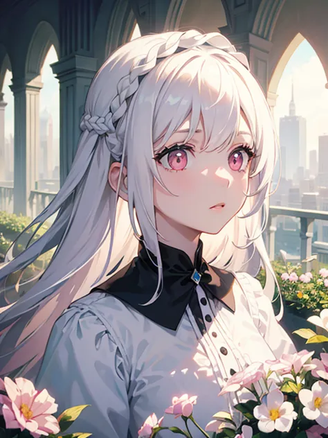 one girl, white medium hair, center parted hair, white dress, (detailed pupils, pale pink eyes,symmetrical eyes )black thin ribb...