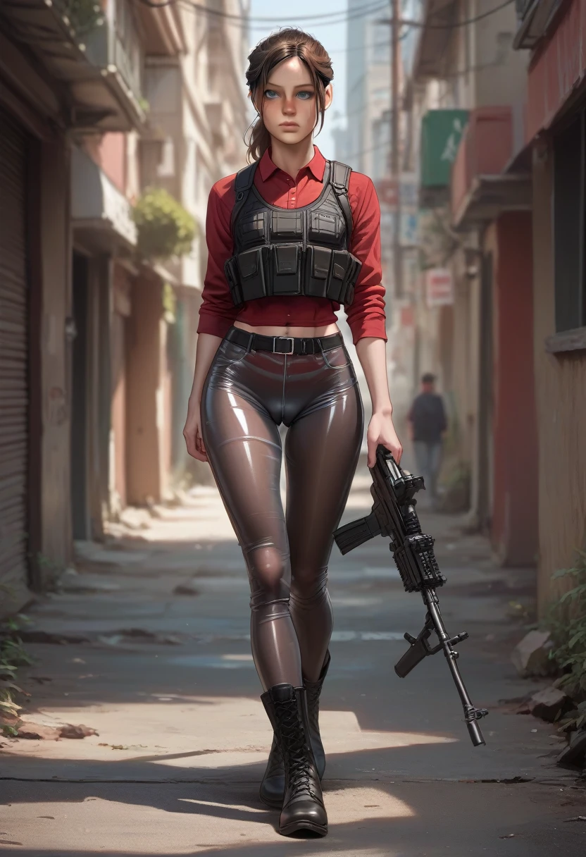 19 y.o. 1 girl, Claire Redfield, very small breast, detailing face, detailing body, big hips, small ass, brown hair, gray eyes, cute, detailing face, black pantyhose, transparent pants, red shirt, long shirt, bulletproof vest, machine gun in hand, the ruined alley,source_anime, belt, highly detailed, blush, military boots, walking, camel toe, cowboy shot,