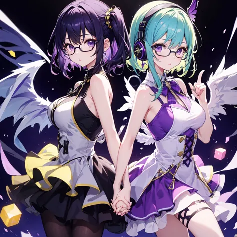 ((highest quality)), (detailed), holding hands and pointing back to back, a girl with dark blue hair, short hair, long bangs, la...