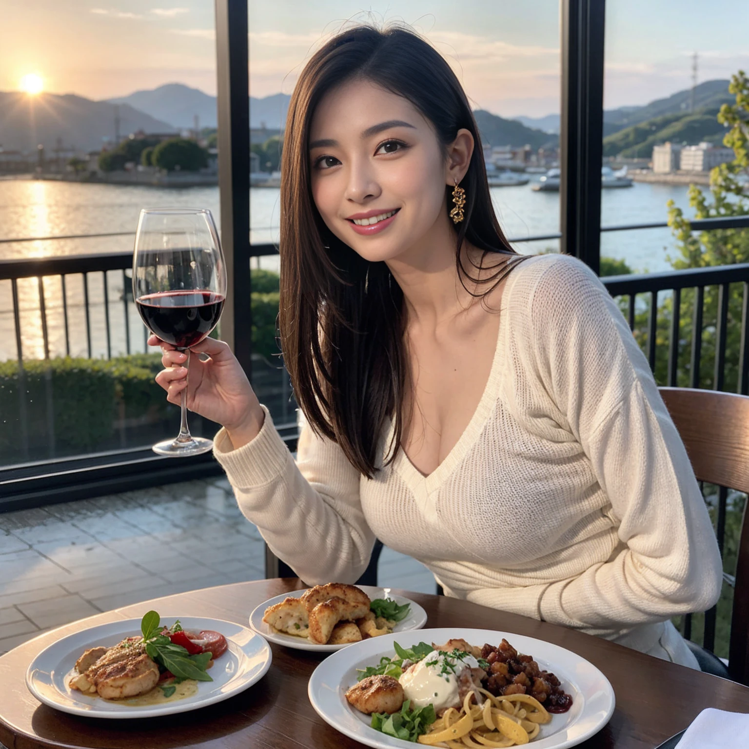 （Realistic:1.1）,(masterpiece,Highest quality)，8k,(56 years old), 53 years old, ベリーslimボディ、slimカップル、Tight waist,Upper Body,full-course dinner、wine 、Amazing view of the sunset sky and clouds、Perfect Anatomy, Brown Hair, short hair,Random Hairstyles,((Highly detailed face and eyes:1.2))，Perfect golden ratio face，Long sleeve shirt、dress,(smile:1.2)、Shortcuts、cute、(Realistic, Intricate details:1.2), A bright smile、short hair,Bright Face、赤wine 、Appetizers、Italian food、wine bottle、Champagne、スパークリングwine、(slimな顔), (The body is slim), (Brown Hair), (Shortcuts),  Upper Body, 白wine, slim, wineグラス, 