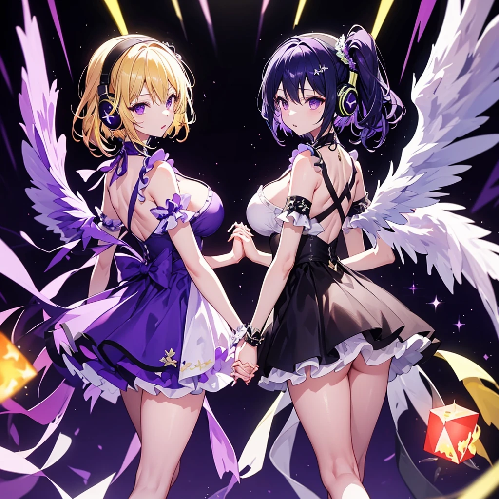 ((Highest quality)), (detailed), Holding hands and standing with their backs together, a girl with dark blue hair, short hair, long bangs, large breasts, purple eyes, and white headphones, and a girl with average size, small breasts, long blonde hair, purple eyes, and a long side ponytail with large wings, flames、Idol、Holding hands and standing back to back.0、Yellow and purple light cube background 1.7、Idol衣装1.6