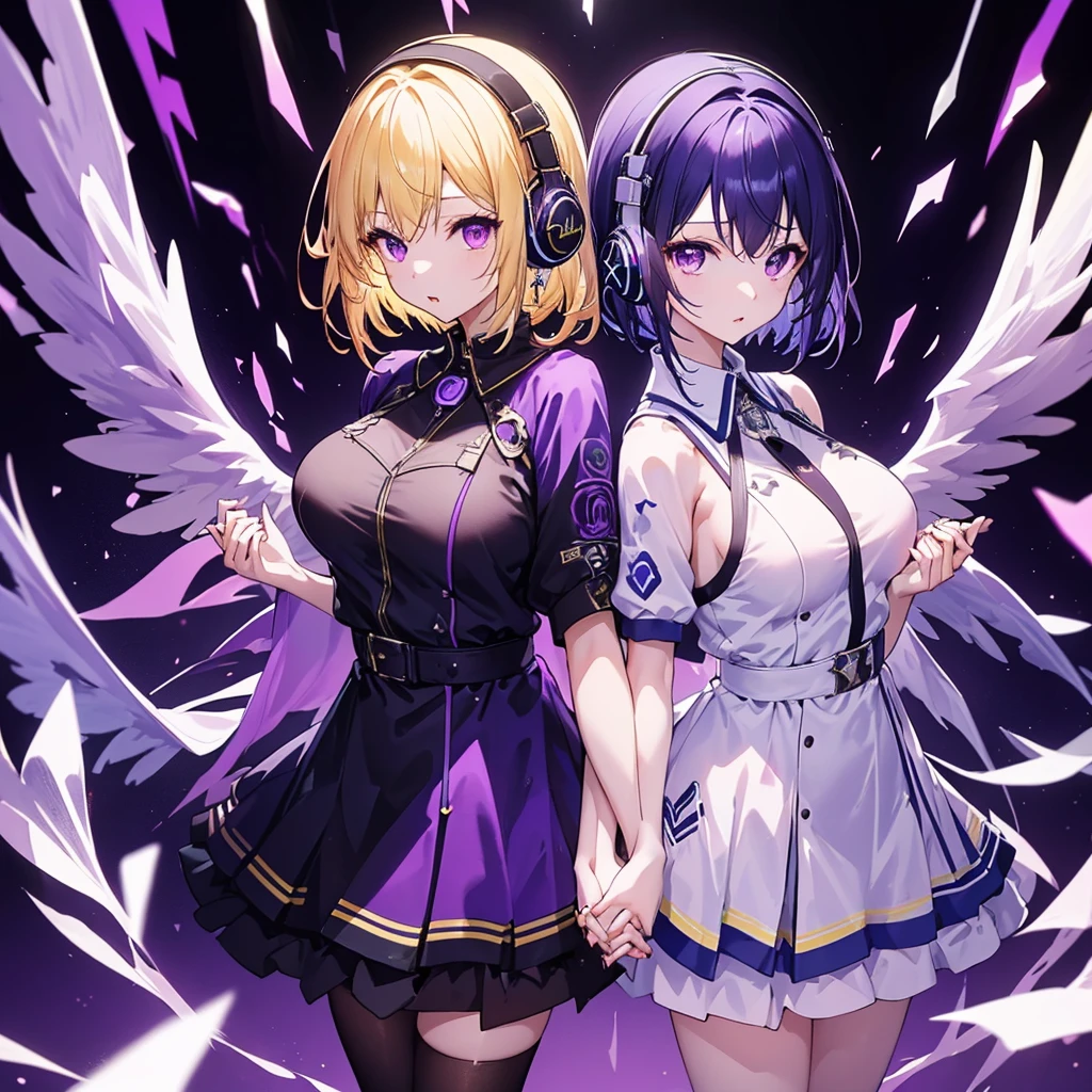 ((Highest quality)), (detailed), Holding hands and standing with their backs together, a girl with dark blue hair, short hair, long bangs, large breasts, purple eyes, and white headphones, and a girl with average size, small breasts, long blonde hair, purple eyes, and a long side ponytail with large wings, flames、Idol、Holding hands and standing back to back.0、Yellow and purple light cube background 1.7、Idol衣装1.6