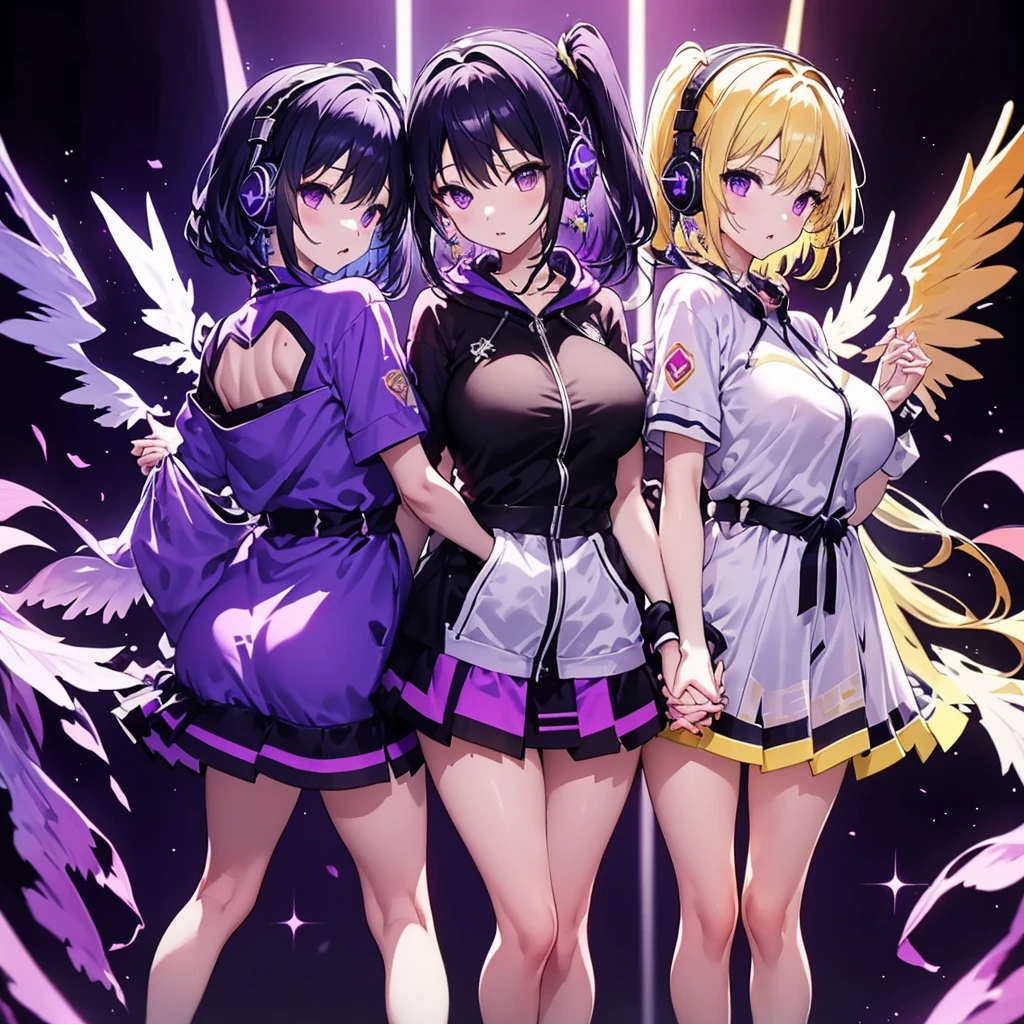 ((Highest quality)), (detailed), Holding hands and standing with their backs together, a girl with dark blue hair, short hair, long bangs, large breasts, purple eyes, and white headphones, and a girl with average size, small breasts, long blonde hair, purple eyes, and a long side ponytail with large wings, flames、Idol、Holding hands and standing back to back.0、Yellow and purple light cube background 1.7、Idol衣装1.6