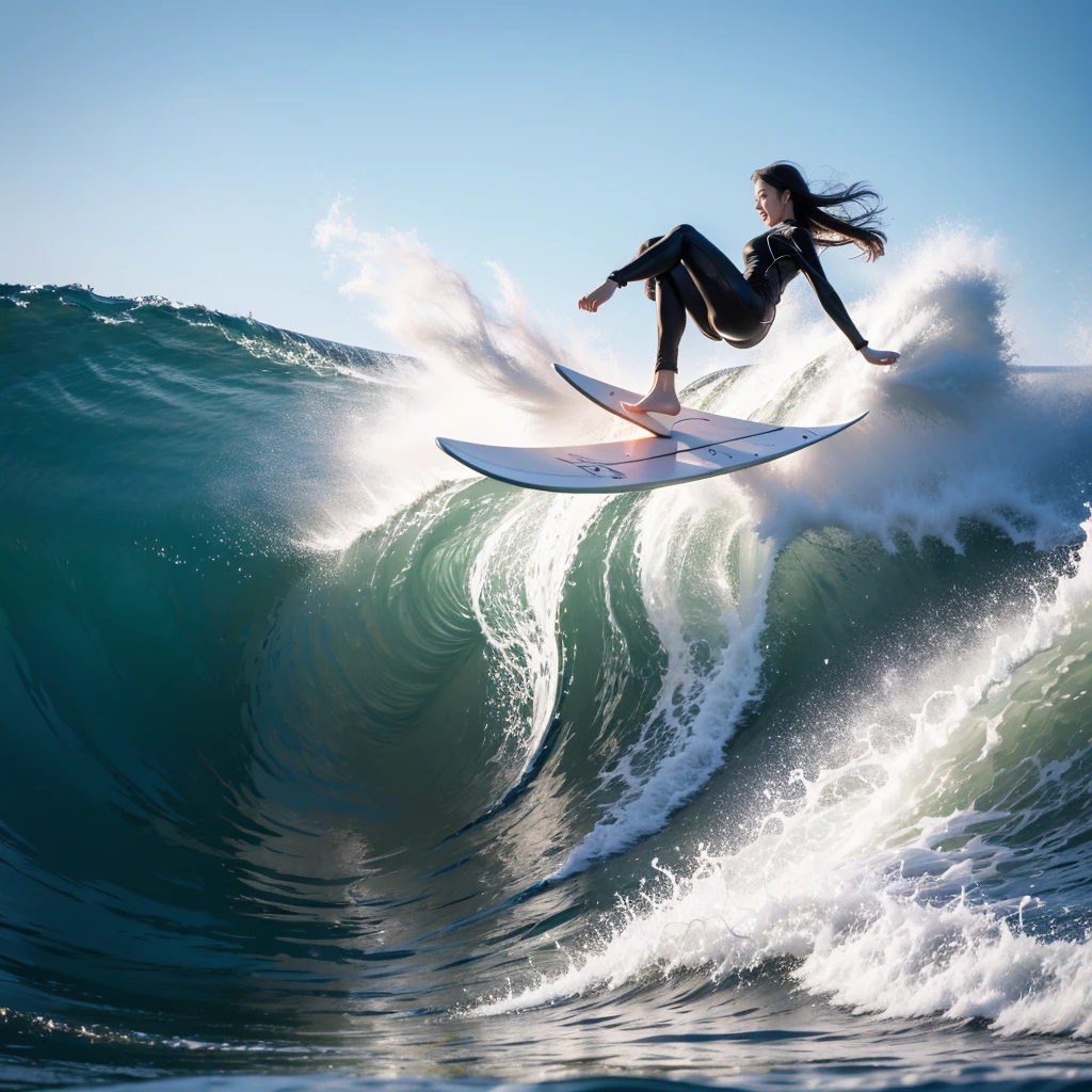 (Luminism:1.28), Side view, TopQuality 8K Masterpiece (ProfessionalPHOTO:1.37) (Extremely Detailed (A girl half Standing on a Life Size straight surfboard)), Colorful morning Glory Rays, (There is Only one surfboard under her feet:1.32) Sparkling Waves Splashing water Particles, Glowing Wet Hair, hourglass body type, Dynamic motion blur, Perfect Hand, (Surfing Photos:1.4) (((nothing hold)))