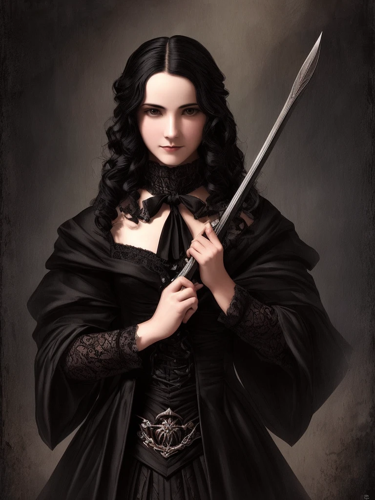 Gothic, vampires, black cloaks, 18th century London, black hair, young face, smile, famous character, high detail of objects, gloomy environment, horror style, good detail of body and hands, full height, high detail 2k,sword in right hand