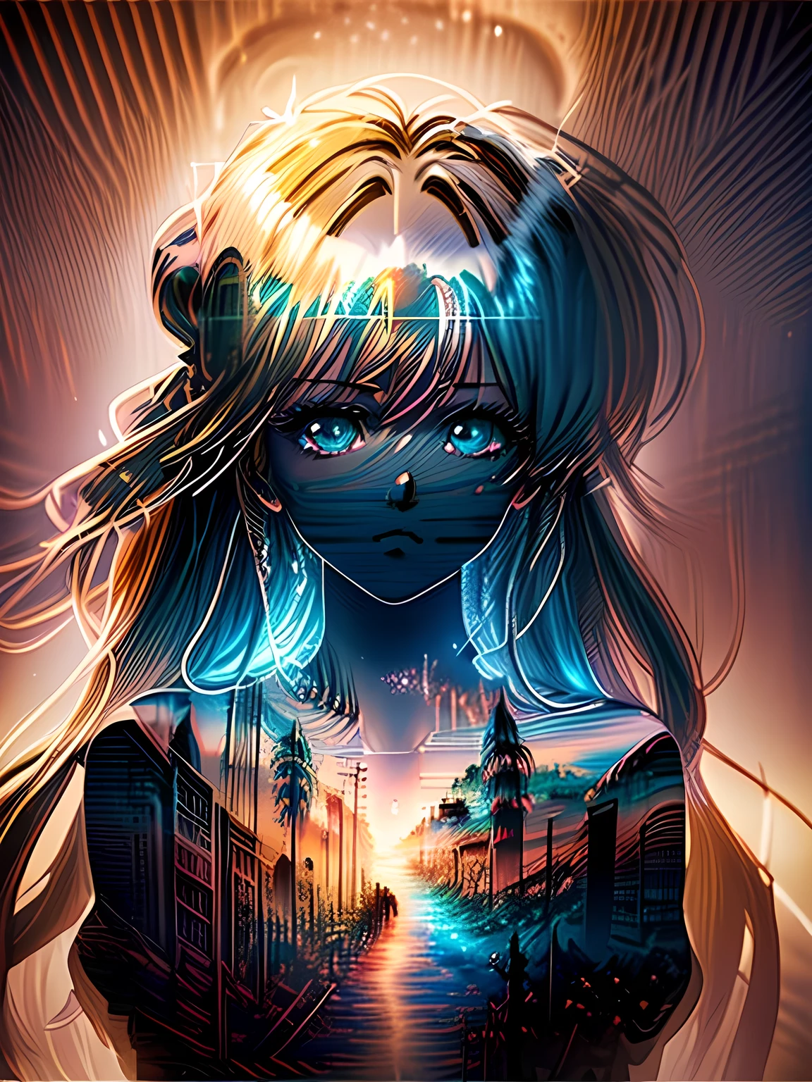 ((masterpiece, best quality, digital imaging, high resolution photography)), Woman with long hair written in sand, (double exposure:1.4), Calm atmosphere, centered, volumetric lighting, Calm colors, Romantic, (epic composition, epic proportion), looking at the viewer, 1girl, Madoka Ayukawa