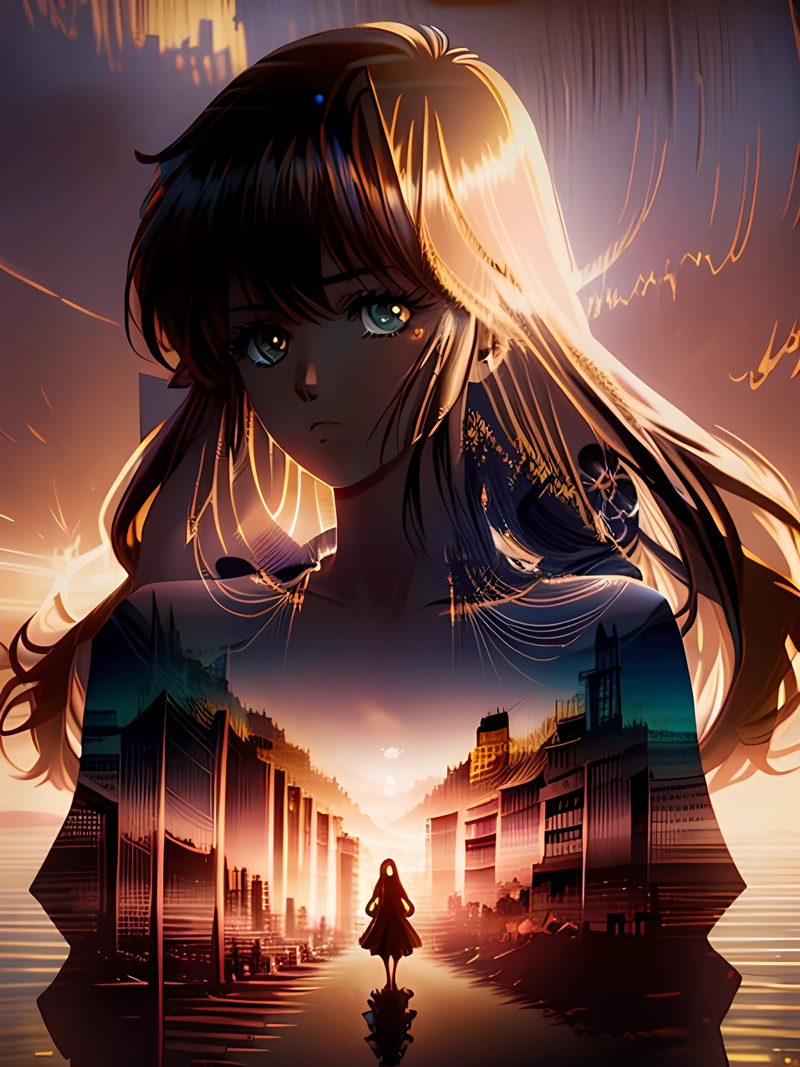 (masterpiece, digital imaging, photography), Woman with long hair written in sand, (double exposure:1.4), Autumn atmosphere, centered, volumetric lighting, Calm colors, Romantic, (epic composition, epic proportion), looking at the viewer, 1girl, Madoka Ayukawa