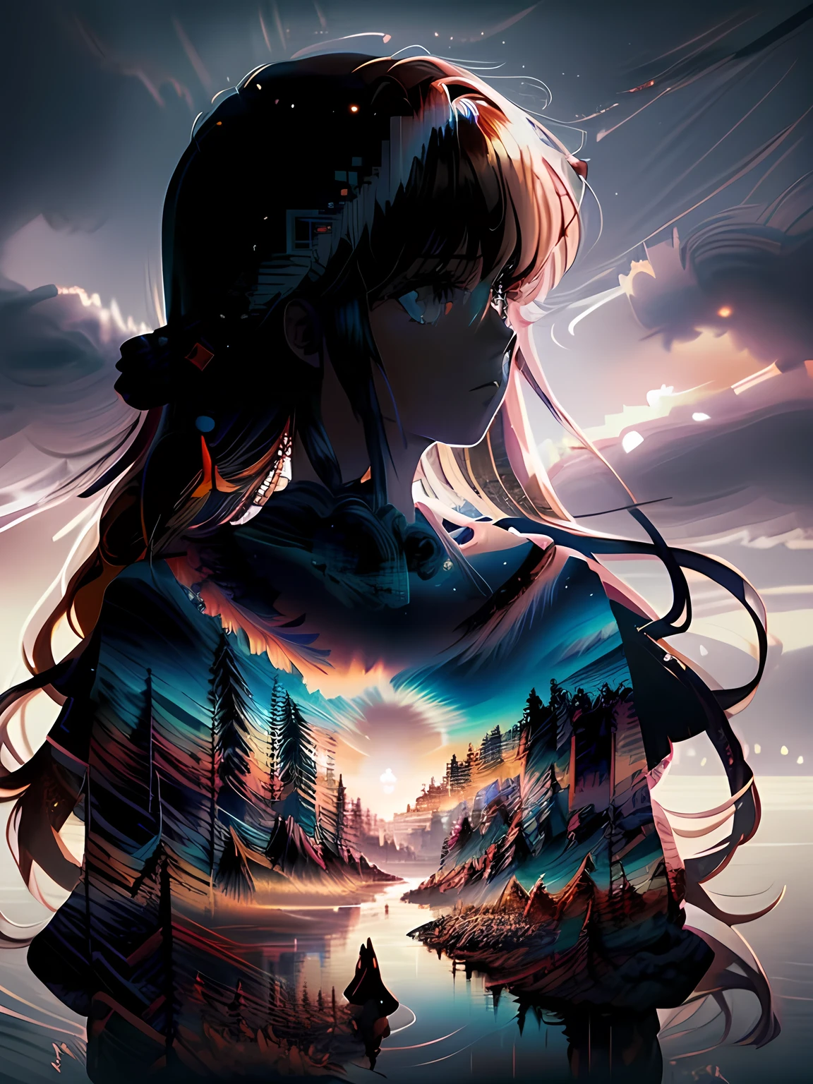 masterpiece, digital imaging, photography, Silhouette of a woman with long hair, (double exposure:1.3), Autumn atmosphere, centered, 1girl, volumetric lighting, Calm colors, (epic composition, epic proportion), The sea reflects on face, Madoka Ayukawa