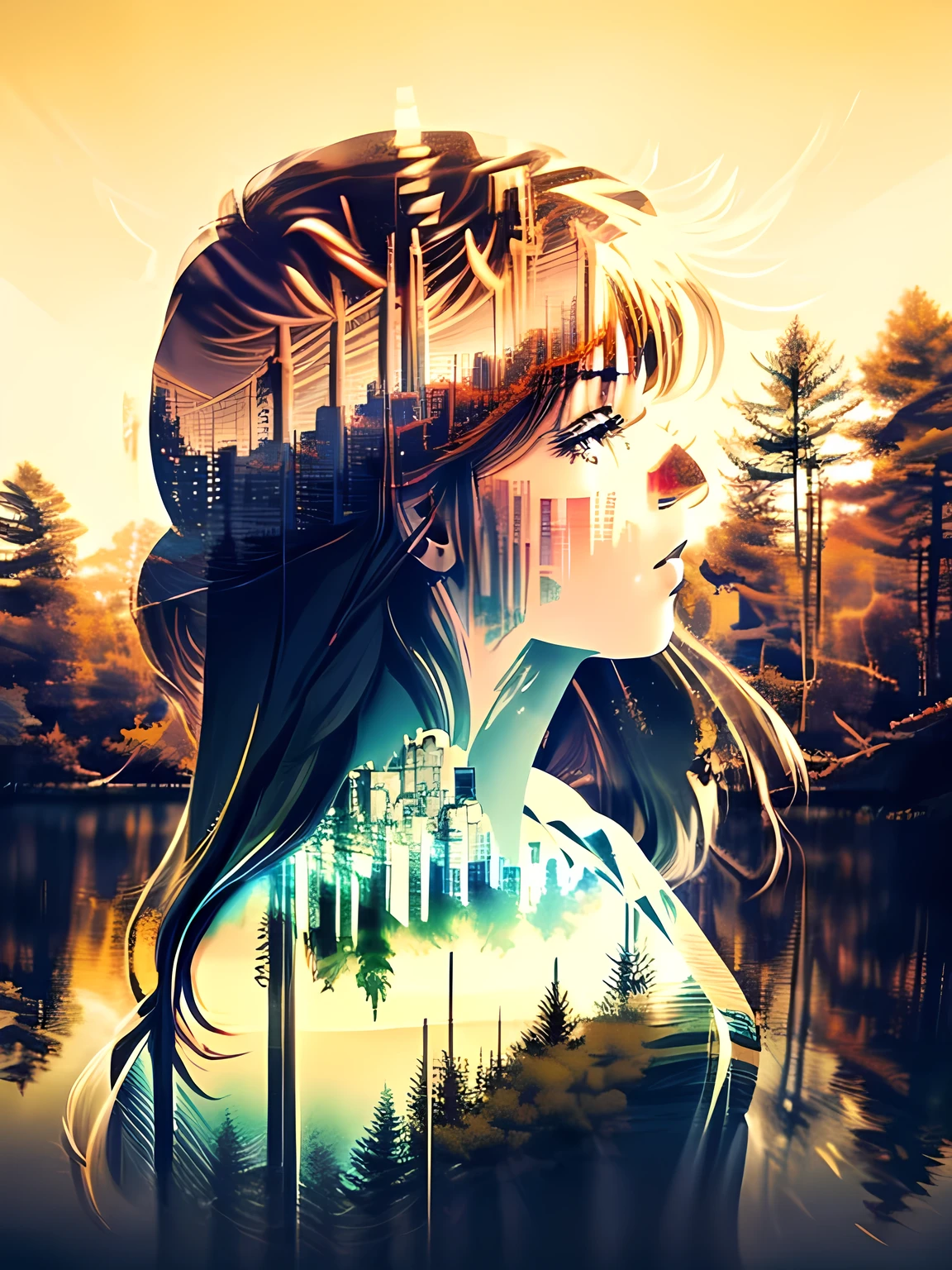 masterpiece, digital imaging, photography, Silhouette of a woman with long hair, (double exposure:1.3), Autumn atmosphere, centered, 1girl, volumetric lighting, Calm colors, (epic composition, epic proportion), The sea reflects on face, Madoka Ayukawa