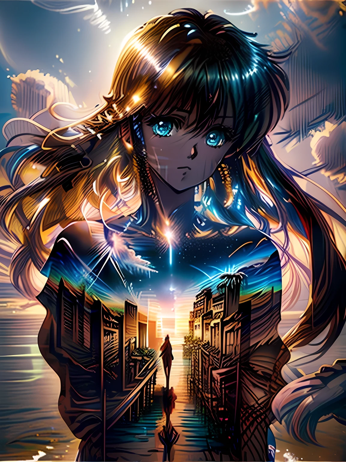 ((masterpiece, best quality, digital imaging, high resolution photography)), Madoka Ayukawa with long hair written in sand, (double exposure:1.4), sand art, Calm atmosphere, centered, volumetric lighting, Calm colors, Romantic, (epic composition, epic proportion), looking at the viewer, Madoka Ayukawa