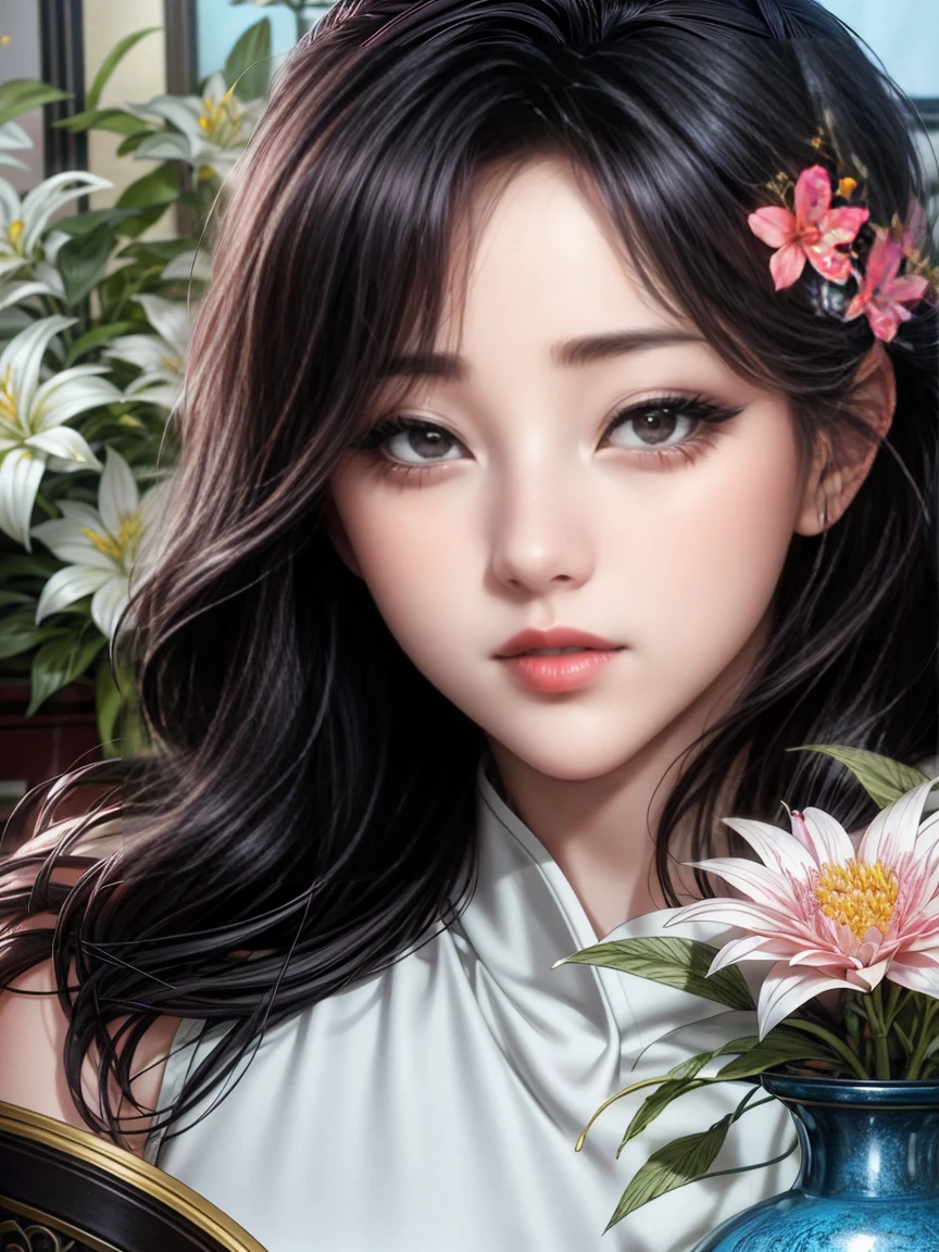 Close-up of a woman arranging flowers in a vase, With flowers, Magazine Photos, Written by Ayami Kojima, Official artwork, Shin Jinyoung, Surrounded by frozen flowers, by Nie Tian, Dilraba Dilmurat, Jaeyoung Nam, Synthwave, Hwang Seong, mackenzie foy, by Zhang Han, Park Jimin, By Jin Nong