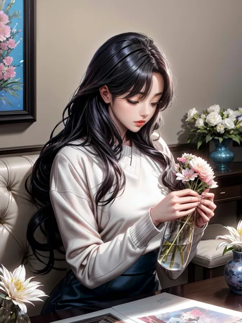 close-up of a woman arranging flowers in a vase, with flowers, magazine photos, written by ayami kojima, official artwork, shin ...