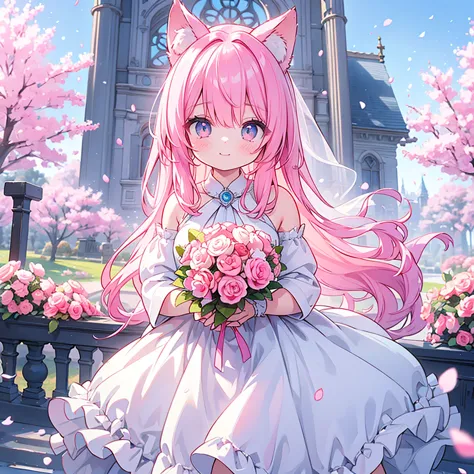 bride with long pink hair holding a wedding bouquet in both hands，fox ears and tail，wedding gown，hold flowers in both hands，gard...