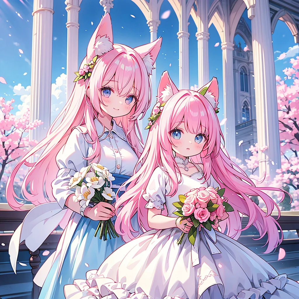 Bride with long pink hair holding a wedding bouquet in both hands，Fox ears and tail，wedding gown，Hold flowers in both hands，Garden background outside the church，Gorgeous light wedding dress with a long skirt，Cherry blossoms flying，Flowing skirts and hair，43 compositional method，the golden ratio，Pupil highlight，Meticulous facial depiction，Facial flushing，ssmile，Natural light，The picture is bright，Pink theme，Meticulous characterization，Meticulous scene depiction，Meticulous hand depiction，Meticulous eye depiction，Meticulous bouquet depiction，Scene blanking，Blue sky，Pupillary details，Finger details，with fair skin，Multi-layered pupils，Huge eye kernel，Character Spotlight，depth of fields，4k，8k，hight quality，High pixel accuracy，High pixel，HighestQuali