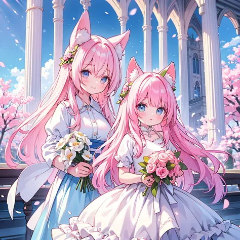 bride with long pink hair holding a wedding bouquet in both hands，fox ears and tail，wedding gown，hold flowers in both hands，gard...