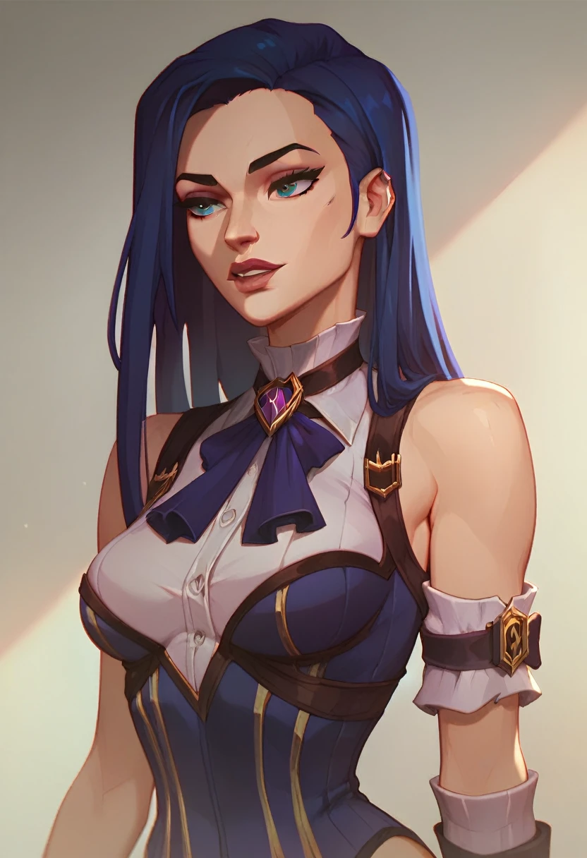 (masterpiece) (best quality) (detailed Caitlyn face), Caitlyn Kiramann, Arcane style, Arcane Lora, upper body: sexy, small waist