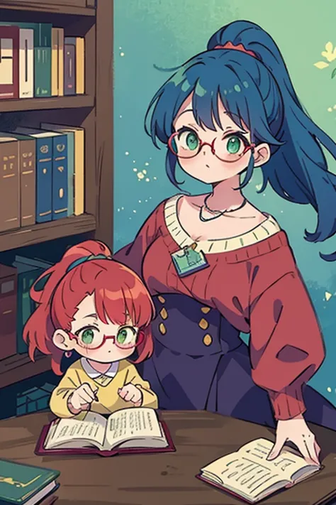 2 people, 1 woman 1 child, anime style, librarian, red hair for woman, blue hair for child, ponytail, ((glasses)), crystal in ba...