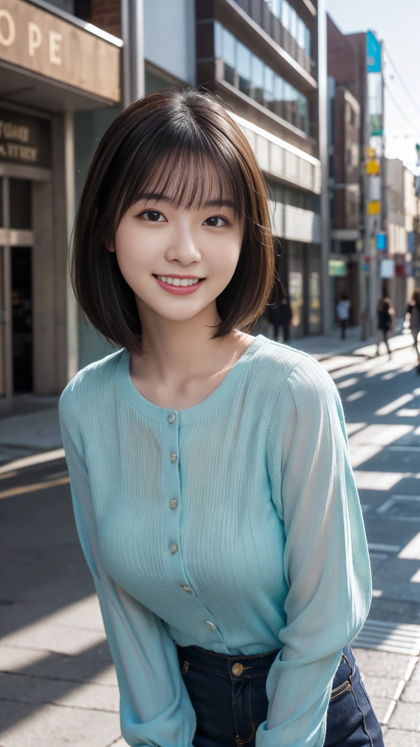 (Highest quality,masterpiece:1.3,Ultra-high resolution),(Very detailed,Caustics,8k),(Realistic:1.4,RAW shooting),1 girl,(Look at the camera with a smile),20-year-old,cute,Japanese,Short black hair,Long sleeve blouse,big ,Bust up shot,street,Face Focus,Natural light,Backlight,Professional Writing,(Low position),(Low Angle)