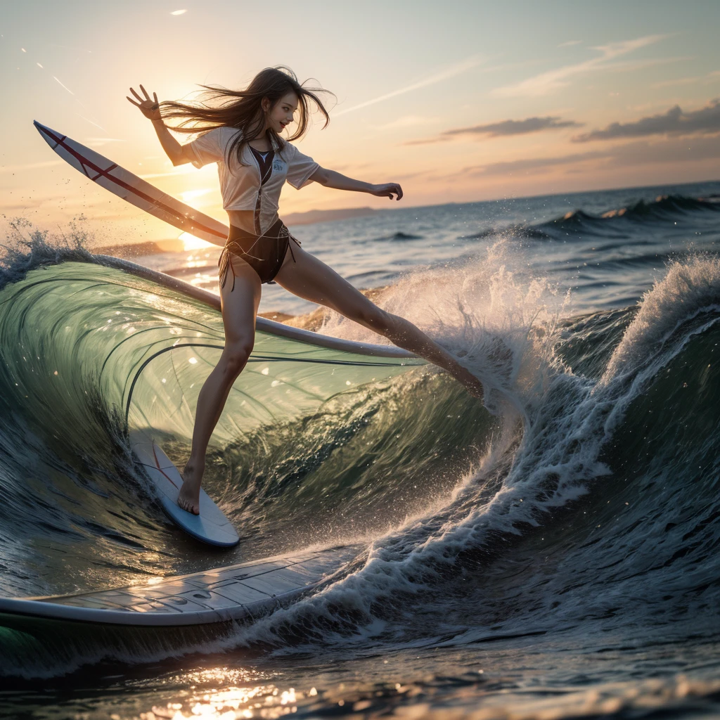 (Luminism:1.28), Side view, TopQuality 8K Masterpiece (ProfessionalPHOTO:1.37) (Extremely Detailed (A girl Riding on a Life Size surfboard)), Colorful morning Glory Rays, (There is Only one surfboard under her foot:1.32) Sparkling Waves Splashing water Particles, Glowing Wet Hair, hourglass body type, Dynamic motion blur, {Perfect Hand|Perfect Limbs}, (Surfing Photos:1.4) (((nothing hold)))