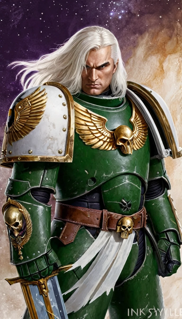  [Portrait, standing: 2,2]. a close up of a man with a sword and a helmet, ((space marine portrait:1,1)),((artistic portrait:2,2)) purple armor, of a space marine,, artwork Warhammer 40k art, space marine, Warhammer art, Warhammer style empire, Warhammer 4 0k fantasy, wearing dark green armor, ((young:2,2) ), vegetal decoration on the lower part of the ((white left shoulder pad:2,2)), ((a white forearm:1,2)) with decoration of Golden eagle wing, white forearm, belt with golden skull in the center. Robust and with a slender silhouette, ((curved silhouette:2,2)). strong armor, long hair,((long white hair:1,2)), close-up, ((detailed face:2,2)) ((long white hair:1,1)), ((war background : 1,2)) ((golden and metallic cheribs on his back:2,3)) ((Featured like an angel:1,2)), ((detailed face:1,2)), (ink style, black and white:3)