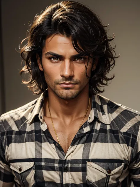 (best quality), 1boy, male, tanned skin, black hair, wavy hair, medium hair, tousled hair, golden eyes, perfect eyes, strong jaw...