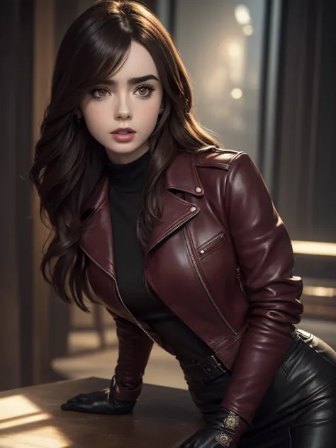 a lily collins with a perfect figure, wearing a burgundy leather jacket and a black pencil skirt, leather gloves, boots, chest j...