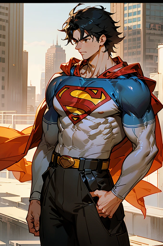 1male , Low Cut Hair , Messy Hair , Black Hair , Black Eyes , Lean Muscular , Adult Male , White Body Suit , Serious Expression , Modern City Background , Baggy Pants , Sash belt , Yellow S symbol on chest, street level background, cowboy shot, upper body, superman symbol on shirt, superman shirt