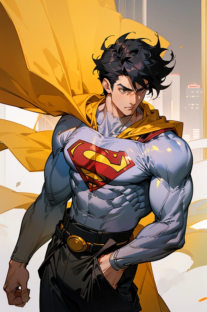 1male , Low Cut Hair , Messy Hair , Black Hair , Black Eyes , Lean Muscular , Adult Male , White Body Suit , Serious Expression , Modern City Background , Baggy Pants , Sash belt , Yellow S symbol on chest, street level background, cowboy shot, upper body, superman shirt, white cape,