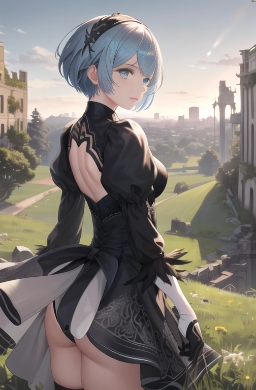 masterpiece, Top quality, High Resolution, HM2B, Blue eyes, Rem, blue short hair, Occasional hair ornaments, Clothes clippings, Long sleeves, Puff sleeves, Juliet sleeves, Feather ornaments, Black thighs, Black gloves, Black dress, Black skirt, Outdoors, Grass, Building, Ruins, Field, Back, Showing ass, Black panties, Cowboy shot,